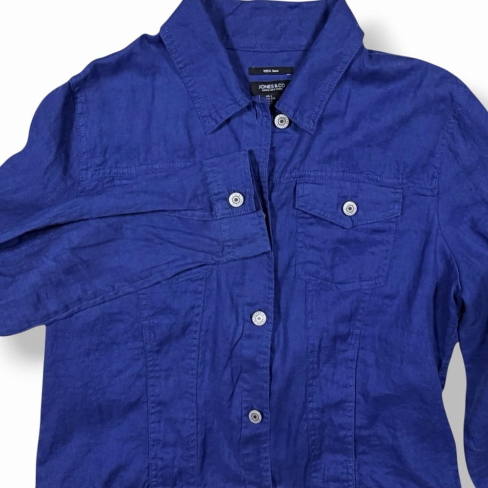 Linen Trucker Jacket Women Periwinkle Blue  Natural Fiber Minimalist Jones Co L